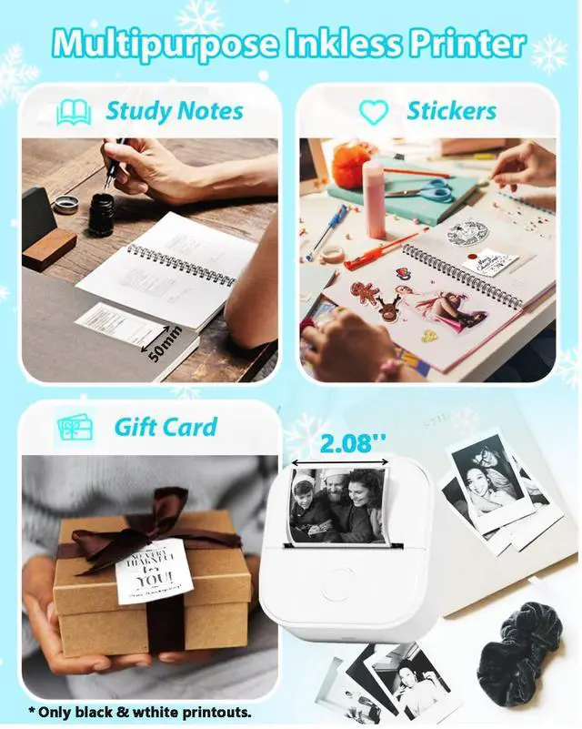 Alt view image 12 of 12 - T02 Sticker Printer- Mini Printer Sticker Maker, Print Pods Inkless Machine, Bluetooth Thermal Pocket Maker for Study Notes, Photos, DIY Printing, with 3 Rolls Paper, White