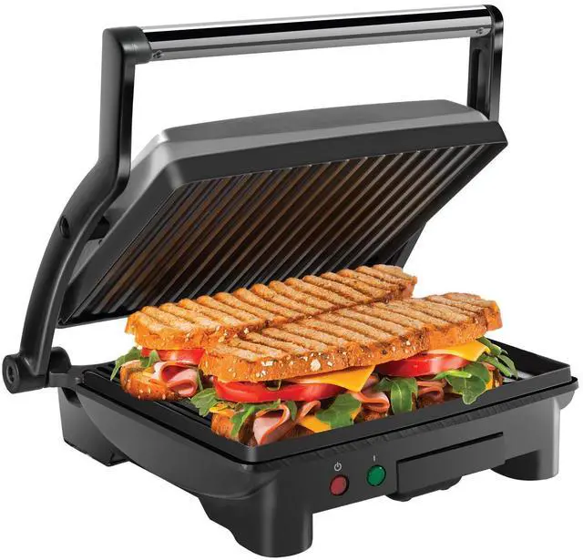 Alt view image 8 of 14 - Press Grill and Gourmet Sandwich Maker Non-Stick Coated Plates, Opens 180 Degrees to Fit Any Type or Size of Food, Stainless Steel Surface and Removable Drip Tray, 4 Slice, Black