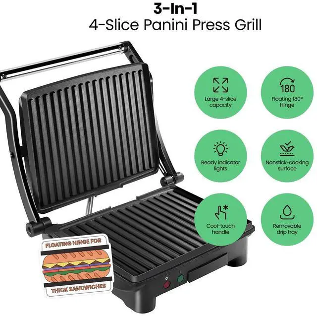 Alt view image 9 of 14 - Press Grill and Gourmet Sandwich Maker Non-Stick Coated Plates, Opens 180 Degrees to Fit Any Type or Size of Food, Stainless Steel Surface and Removable Drip Tray, 4 Slice, Black