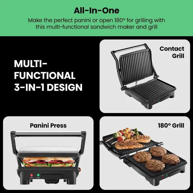 Alt view image 10 of 14 - Press Grill and Gourmet Sandwich Maker Non-Stick Coated Plates, Opens 180 Degrees to Fit Any Type or Size of Food, Stainless Steel Surface and Removable Drip Tray, 4 Slice, Black