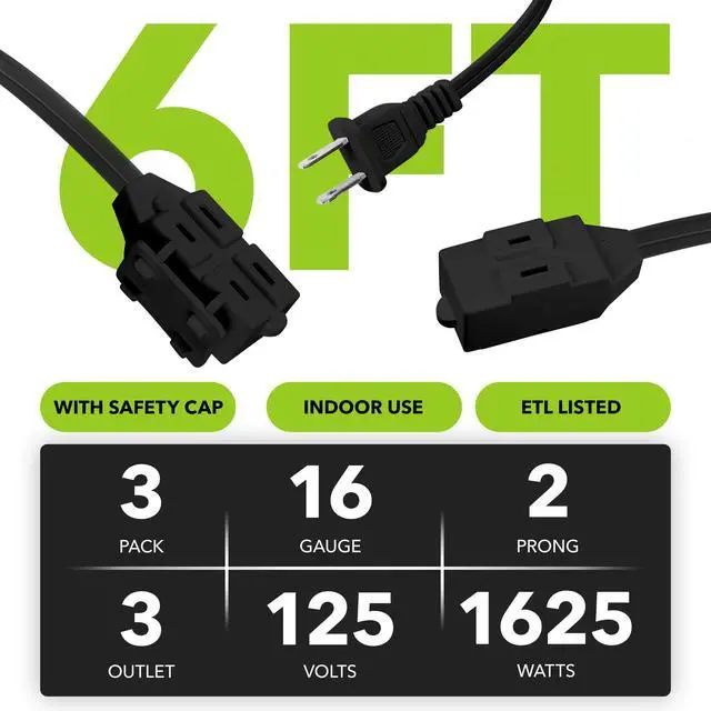 Alt view image 10 of 14 - Extension Cord, 3-Pack 6FT Black, 2 Prong Indoor Extension Cord 16/2 SPT-2, 13A, 1625 W, 3-Outlet Extension Cords for Home/Office Use
