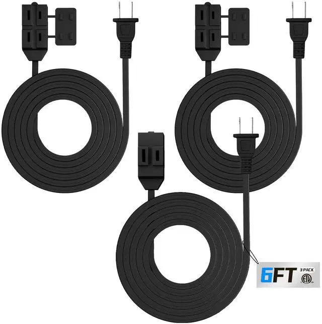 Alt view image 8 of 14 - Extension Cord, 3-Pack 6FT Black, 2 Prong Indoor Extension Cord 16/2 SPT-2, 13A, 1625 W, 3-Outlet Extension Cords for Home/Office Use