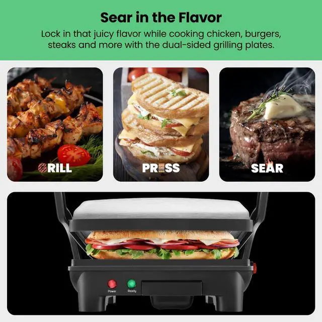 Alt view image 11 of 14 - Press Grill and Gourmet Sandwich Maker Non-Stick Coated Plates, Opens 180 Degrees to Fit Any Type or Size of Food, Stainless Steel Surface and Removable Drip Tray, 4 Slice, Black