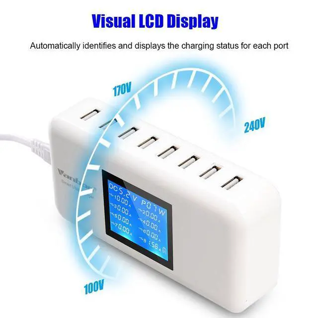 Alt view image 10 of 14 - 60W/12A 8-Port Desktop Charging Station Multiple USB, Multi Port Travel Fast Wall Charger Hub with LCD for Smart Phones, Tablet and More (White)