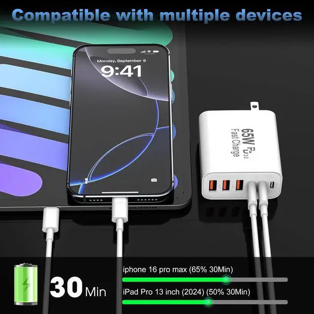 Alt view image 9 of 11 - USB C Charger Block,65W 6-Port USBC Charging Block,Wall Charger iPhone Charger Fast Charging,Multiport Type C PD+QC Power Plug for All iPhone 17 16 15 iPad Samsung S23 S24 iWatch Pixel Series (White)