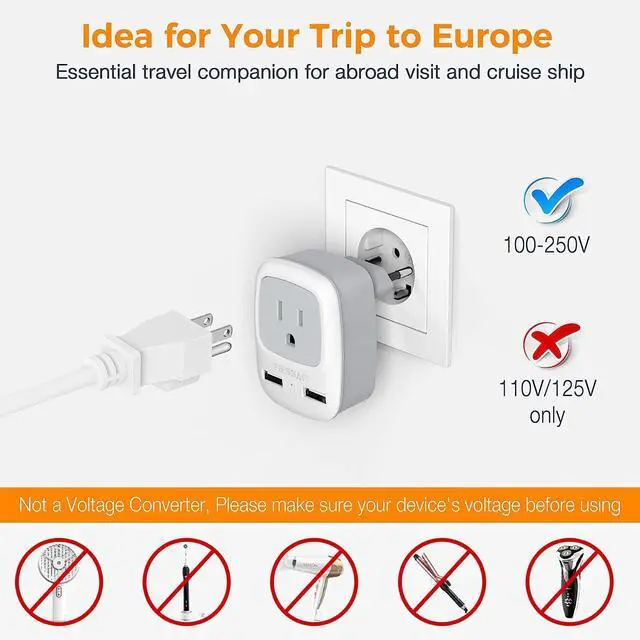 Alt view image 10 of 12 - European Travel Plug Adapter, Europe Power Adaptor with 2 USB Ports, International Type C Outlet Charger to Most of EU Iceland Spain Italy France Germany (Not a Voltage Converter)