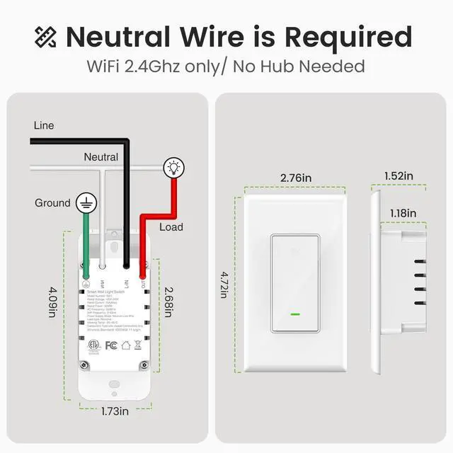 Alt view image 10 of 10 - Switches for Lights, WiFi Smart Light Switch Works with Alexa and Google Home, Neutral Wire Required, 2.4Ghz WiFi Light Switch with APP Control, Single Pole Smart Switch, 3