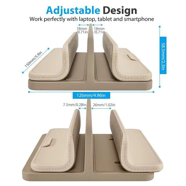 Alt view image 10 of 14 - Dual Vertical Laptop Stand, 3 in 1 Upright Desktop Stand Holder with Adjustable Dock (Up to 17.3''), Leather Laptop Rack Storage Desk Organizer for Phone, Tablet, MacBook/HP/Dell/Chrome Book (Apricot)