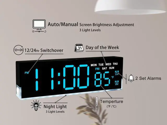 Alt view image 9 of 14 - 7 Inch Modern LED Digital Alarm Clock with Dual Alarms & Soft Bottom LightDisplays Time, Date, Day, Temperature3-Level Auto/Manual Brightness, DST, USB or Battery Powered Desk Clock,Blue
