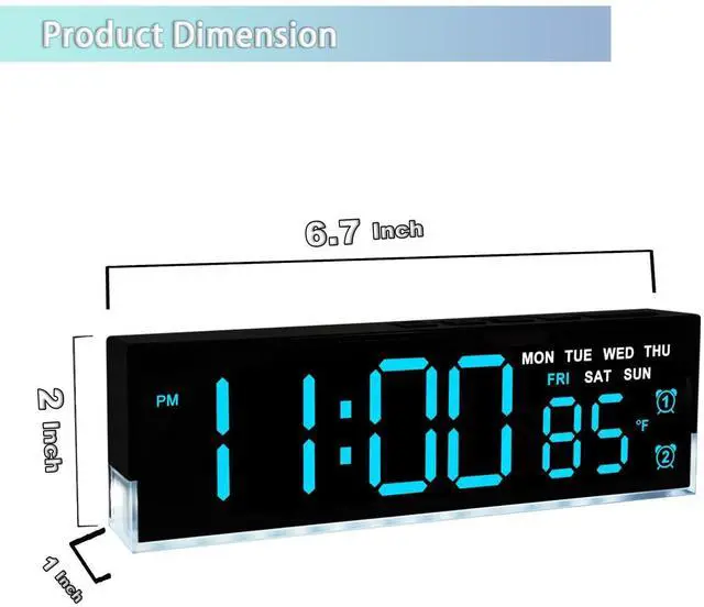 Alt view image 13 of 14 - 7 Inch Modern LED Digital Alarm Clock with Dual Alarms & Soft Bottom LightDisplays Time, Date, Day, Temperature3-Level Auto/Manual Brightness, DST, USB or Battery Powered Desk Clock,Blue