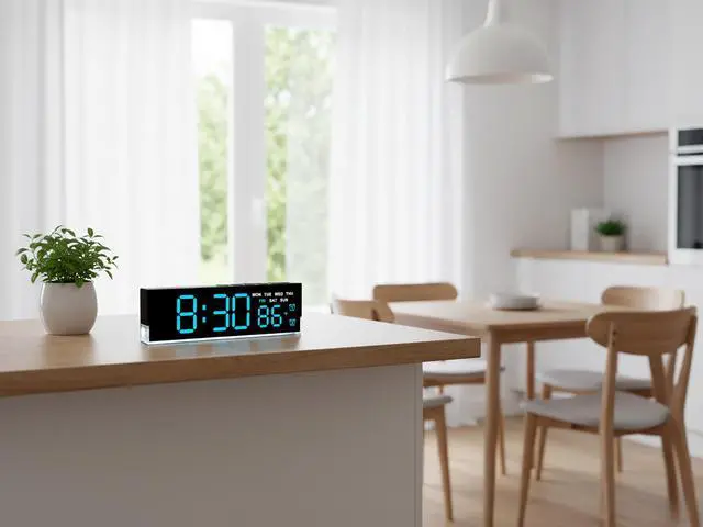 Alt view image 10 of 14 - 7 Inch Modern LED Digital Alarm Clock with Dual Alarms & Soft Bottom LightDisplays Time, Date, Day, Temperature3-Level Auto/Manual Brightness, DST, USB or Battery Powered Desk Clock,Blue