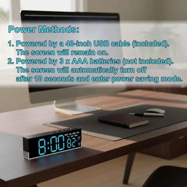Alt view image 11 of 14 - 7 Inch Modern LED Digital Alarm Clock with Dual Alarms & Soft Bottom LightDisplays Time, Date, Day, Temperature3-Level Auto/Manual Brightness, DST, USB or Battery Powered Desk Clock,Blue