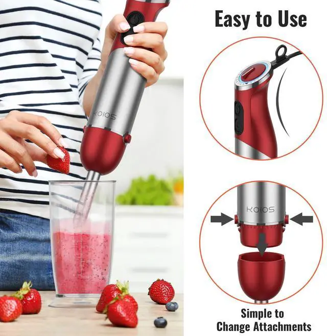 Alt view image 11 of 12 - 5-in-1 Hand Immersion Blender, 1000W 12 Speed Handheld Blender Stick with Copper Motor Stainless Steel Blade, 600ml Mixing Beaker,500ml Food Processor, Whisk, Milk Frother, Non-BPA, Red