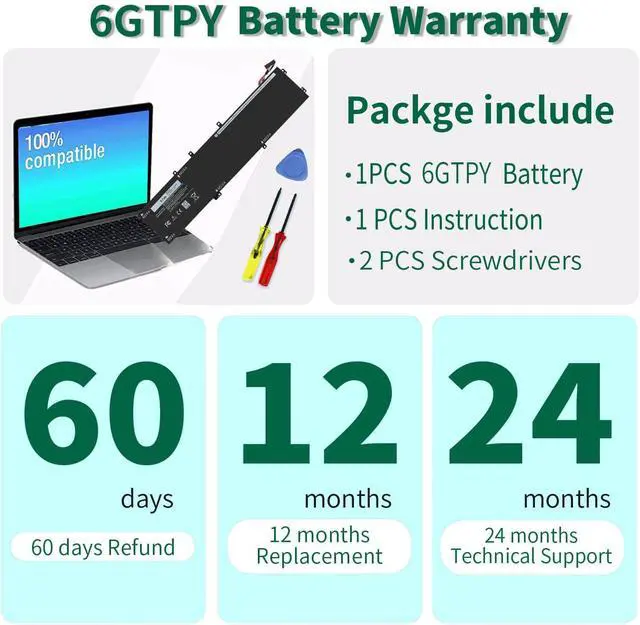 Alt view image 12 of 12 - 97Wh 6GTPY Battery for Dell XPS 15 9560 9570 9550 7590 Precision 5510 5520 5530 5540 Vostro 7500 7590 Series 4GVGH GPM03 1P6KD 5XJ28 M2X4 P56F P56F001 11.4V