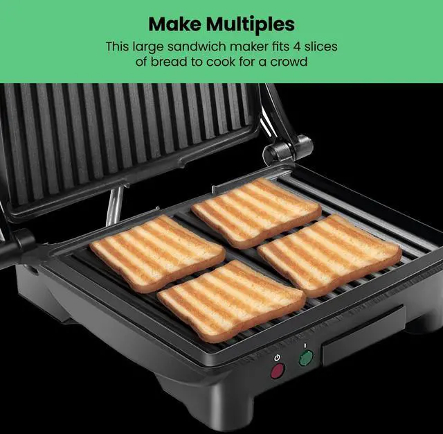 Alt view image 12 of 14 - Press Grill and Gourmet Sandwich Maker Non-Stick Coated Plates, Opens 180 Degrees to Fit Any Type or Size of Food, Stainless Steel Surface and Removable Drip Tray, 4 Slice, Black