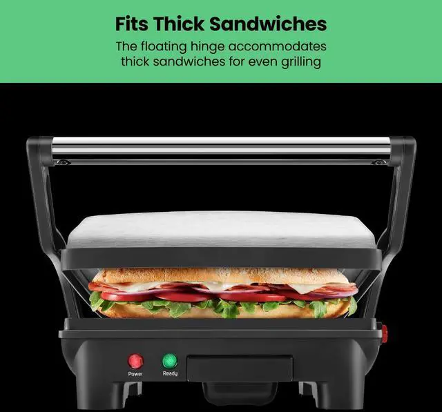 Alt view image 13 of 14 - Press Grill and Gourmet Sandwich Maker Non-Stick Coated Plates, Opens 180 Degrees to Fit Any Type or Size of Food, Stainless Steel Surface and Removable Drip Tray, 4 Slice, Black