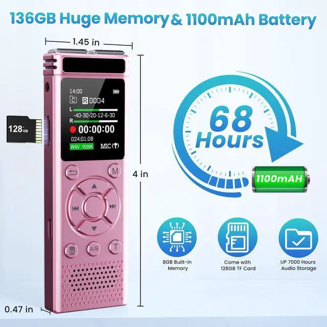 Alt view image 11 of 14 - 136GB Digital Voice Recorder with Playback,9000 Hours Audio Recording Device,Voice Activated Recorder with Noise Reduction,A-B Repeat,Mp3 Player & Password for Lectures Meeting/Classes/Interviews,Pink