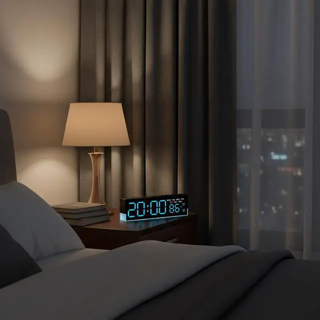 Alt view image 14 of 14 - 7 Inch Modern LED Digital Alarm Clock with Dual Alarms & Soft Bottom LightDisplays Time, Date, Day, Temperature3-Level Auto/Manual Brightness, DST, USB or Battery Powered Desk Clock,Blue