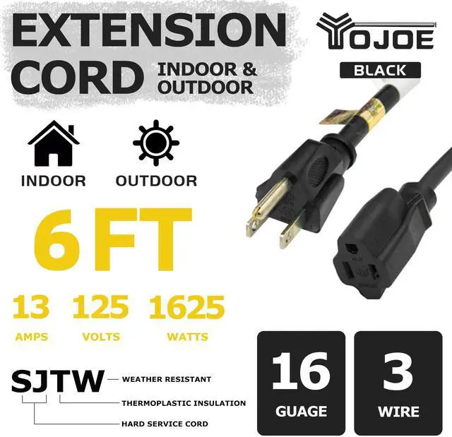 Alt view image 9 of 14 - Indoor Outdoor Extension Cord, 3 Prong 13A Weatherproof Power Cord, 16 Gauge Heavy Duty 6 ft Black Extension Cord for Garage, Garden and Home, 16/3 SJTW UL Listed