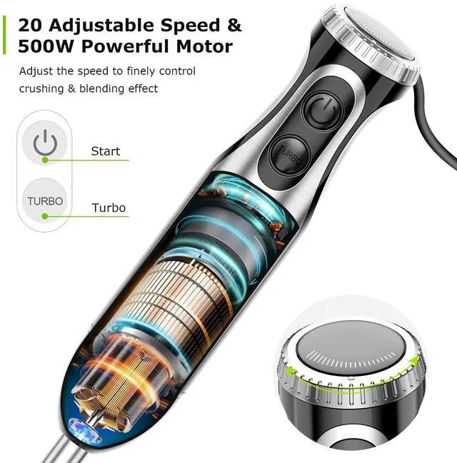 Alt view image 9 of 14 - Immersion Blender Handheld with Food Processor, 20 Speeds Hand Blender with Turbo Mode, Stainless Steel Blade, Egg Whisk, Beaker & Chopper Bowl, Hand Mixer for Smoothie, Soup, Baby Food