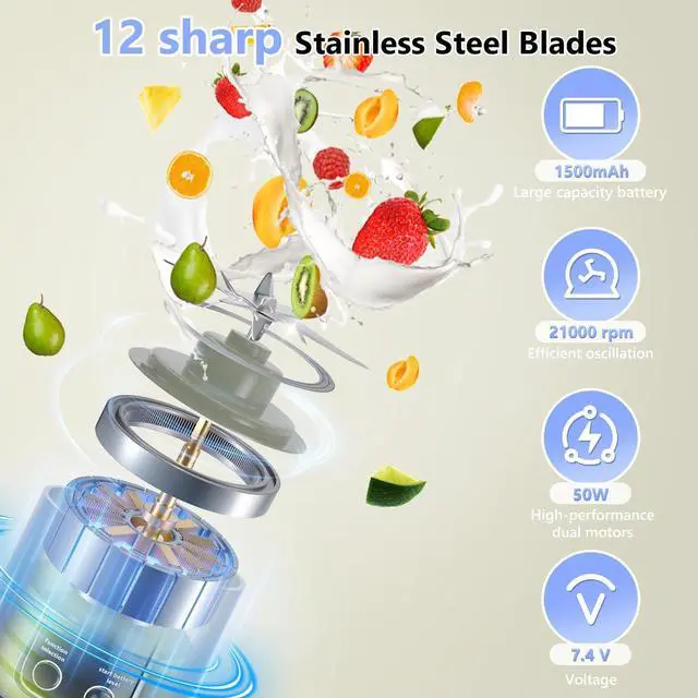 Alt view image 14 of 14 - Portable Blender Electric USB-C, 500ML Personal Juicer for Shakes and Smoothies, 12 Blades, 1500mAh Rechargeable, BPA Free, 18oz Small Blender with Leakproof Lid & Sip Spout, Mixing, Compact