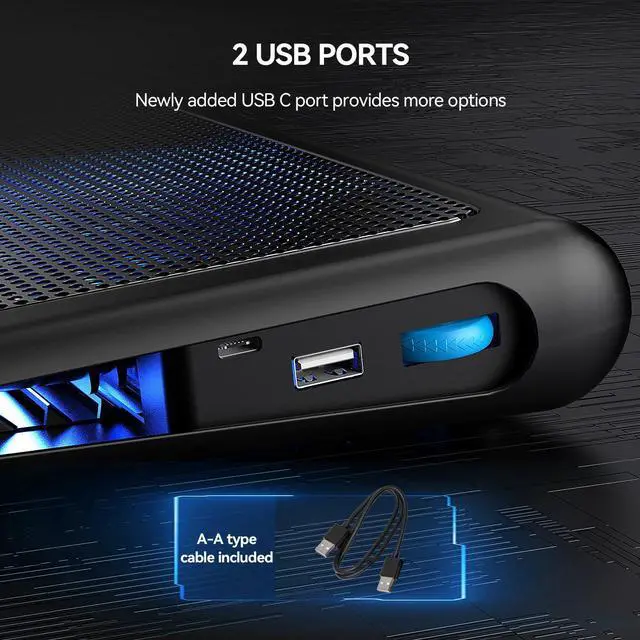 Alt view image 11 of 14 - Laptop Cooling Pad - 12"-15.6" Laptops Cooler, Powerful Cooler and Ultra Quiet for Gaming Laptops Pad, 2 Wind Speed Adjustable, USB A & C Powered Cooler Stand with Laptop Fan LED (Blue)