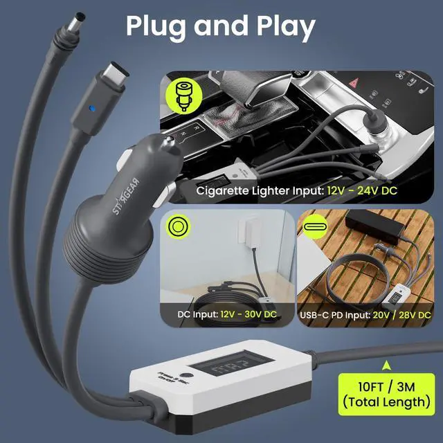 Alt view image 10 of 14 - Starlink Mini Cable 10FT/3M, 3 in 1 Cable with Digital Voltage Display & On/Off Switch, 16AWG USB-C/Cigarette Lighter Car Adapter/DC to DC Starlink Mini Power Cable, Work with 140W+ PD Supply