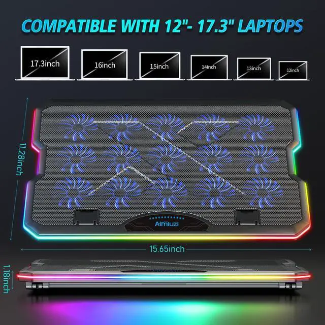Alt view image 13 of 14 - Gaming Laptop Cooling Pad, Laptop Cooler with 15 Quiet Fans for 12-17.3 Inch Notebook, Slim Portable Laptop Cooling Stand with 7 Height Adjustable, 2 USB Ports, Phone Stand