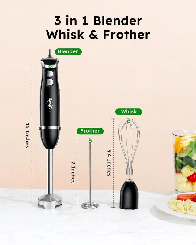 Alt view image 13 of 14 - Immersion Blender Handheld, 3-in-1 Hand Blender Electric, 400W Handheld Licuadora de mano, Stainless Steel Blade Stick Mixer with Whisk, Milk Frother Attachments - Black