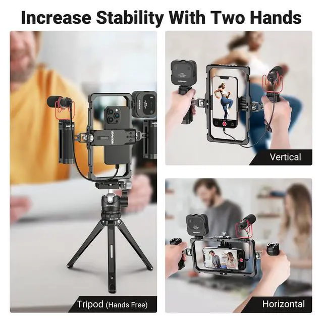 Alt view image 14 of 14 - Upgraded Phone Rig Vlogging Kit, Video Stabilizer with Dual Handle, Wireless Mic Clip Slot for TikTok YouTube, Compatible with SmallRig iPhone 17 Pro Max 16 16e 15 Galaxy S25 Ultra, PA009