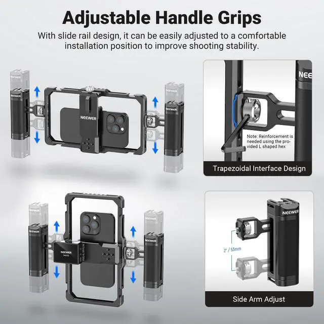 Alt view image 10 of 14 - Upgraded Phone Rig Vlogging Kit, Video Stabilizer with Dual Handle, Wireless Mic Clip Slot for TikTok YouTube, Compatible with SmallRig iPhone 17 Pro Max 16 16e 15 Galaxy S25 Ultra, PA009