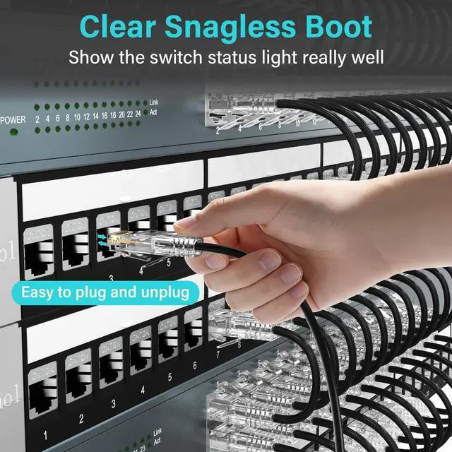 Alt view image 13 of 14 - Cat5e/6/6A Ethernet Patch Cable 1.5ft 24 Pack, Slim 28AWG Patch Cord, 10Gbps Network Cable, Snagless RJ45 Short Cable for Patch Panel, Switch, Server Rack, Data Center, Black