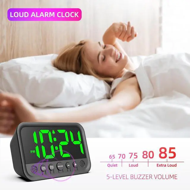 Alt view image 9 of 13 - Small LED Digital Clock for Bedroom, Loud Alarm Clock for Heavy Sleepers Adults, Teens | Plug-In Electric Desk Clock | Simple Bedside Nightstand Clock with Adjustable Volume/Brightness/Snooze Green