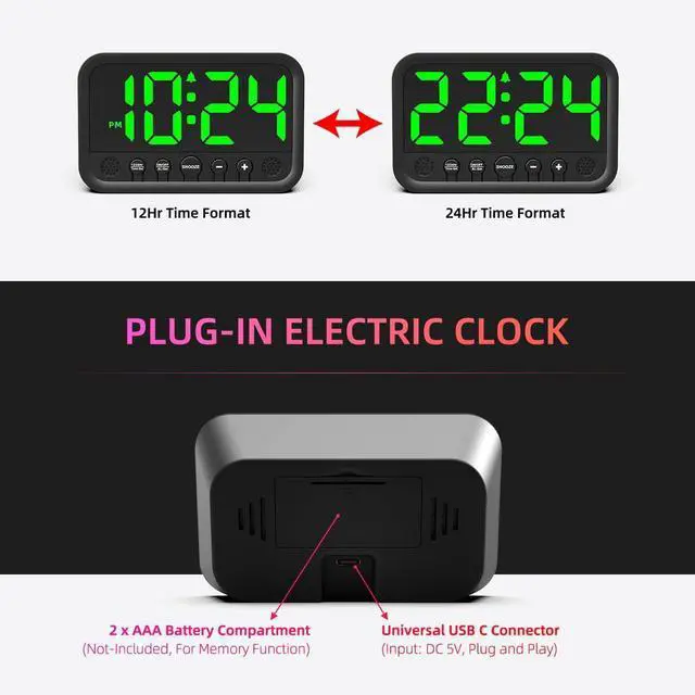 Alt view image 11 of 13 - Small LED Digital Clock for Bedroom, Loud Alarm Clock for Heavy Sleepers Adults, Teens | Plug-In Electric Desk Clock | Simple Bedside Nightstand Clock with Adjustable Volume/Brightness/Snooze Green