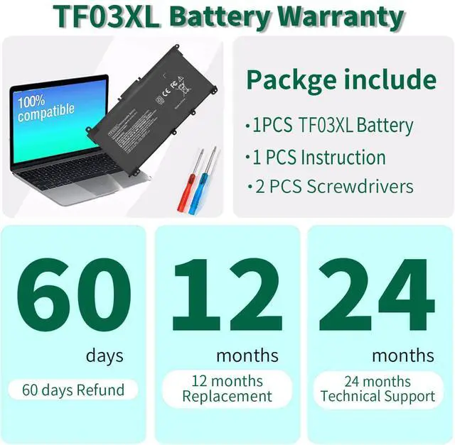 Alt view image 12 of 13 - 920070-855 TF03XL Laptop Battery for HP Pavilion 15-CC 15-CD 14-BF 15-CC0XX 15-CC1XX 15-CD0XX 15-CC123CL 15-CC561ST 15-CC154CL 15-CC184CL 15-CD075NR 17-AR050WM 14-BF050WM 14M-CD0001DX 14-CD0056TX