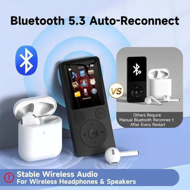 Alt view image 9 of 14 - 64GB MP3 Player with Bluetooth 5.3 Auto Reconnect, MP3 Music Player with Speaker, 1.8" Screen & Physical Buttons, Voice Recorder, FM Radio, 40H Battery Life, No WiFi, Support 128GB microSD Card