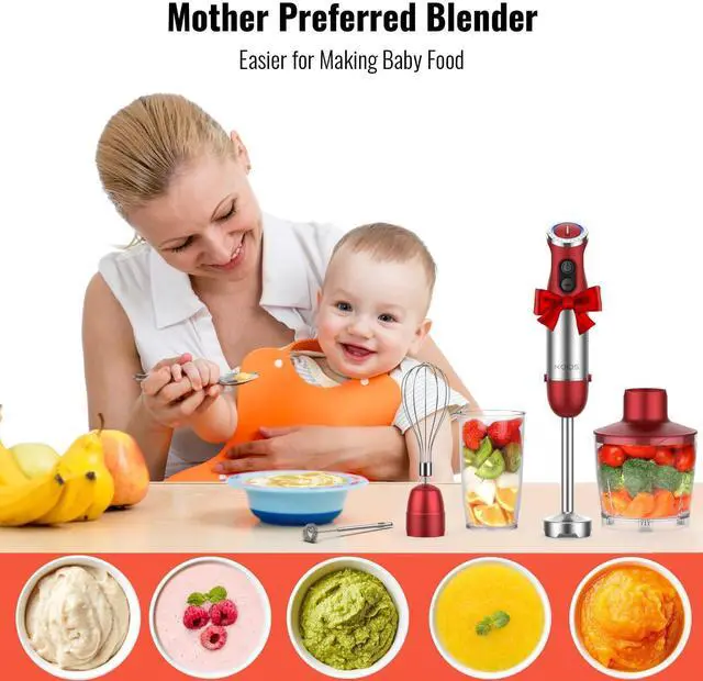 Alt view image 8 of 12 - 5-in-1 Hand Immersion Blender, 1000W 12 Speed Handheld Blender Stick with Copper Motor Stainless Steel Blade, 600ml Mixing Beaker,500ml Food Processor, Whisk, Milk Frother, Non-BPA, Red