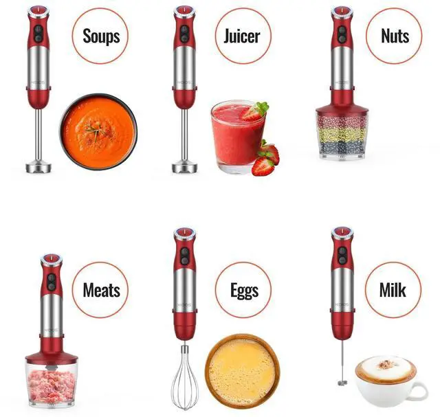 Alt view image 9 of 12 - 5-in-1 Hand Immersion Blender, 1000W 12 Speed Handheld Blender Stick with Copper Motor Stainless Steel Blade, 600ml Mixing Beaker,500ml Food Processor, Whisk, Milk Frother, Non-BPA, Red