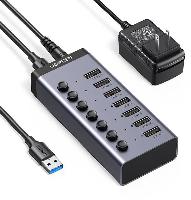 Alt view image 8 of 14 - Powered USB 3.0 Hub, 7-Port USB Adapter with 4 Smart Charging Ports, USB Splitter with Individual Led On/Off Switches and Power Adapter, USB Ports Extender for Laptop PC