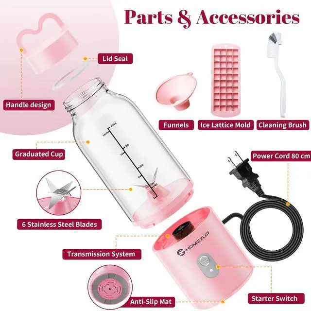 Alt view image 12 of 12 - Portable Personal Blender 17 OZ/500 ML Juicer, 175W Personal Size Blender, Ideal for Smoothies, Ice Blending, Juicing, and Food Processing, Compact, Convenient, and Versatile (Pink)