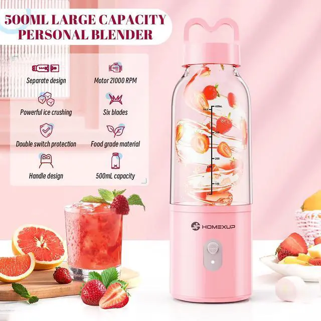 Alt view image 8 of 12 - Portable Personal Blender 17 OZ/500 ML Juicer, 175W Personal Size Blender, Ideal for Smoothies, Ice Blending, Juicing, and Food Processing, Compact, Convenient, and Versatile (Pink)