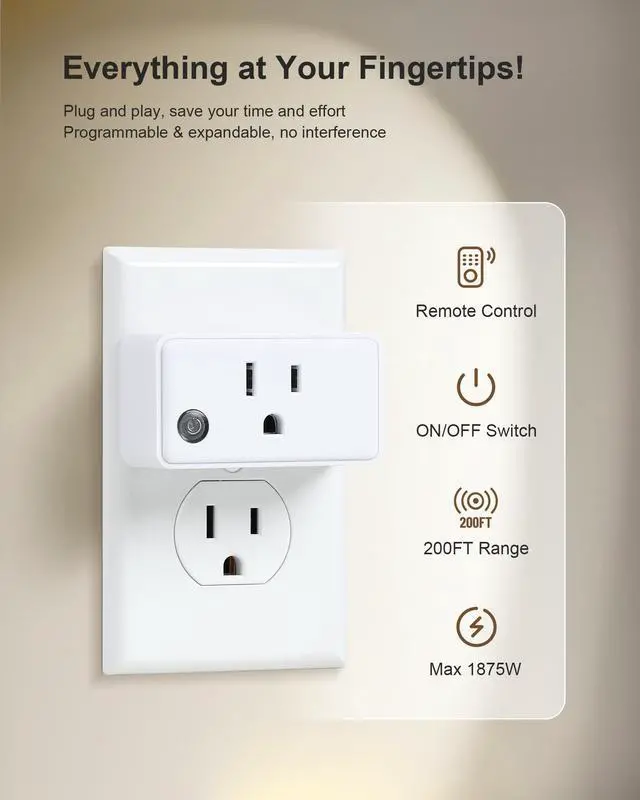Alt view image 9 of 14 - Remote Control Outlet, 200FT Long Range Wireless Light Switch, Mini Remote Outlet Plug, 15A/1875W High-Power for Lamps, Lights, Household Appliances, FCC & ETL Listed (5 Outlets + 2 Remotes)