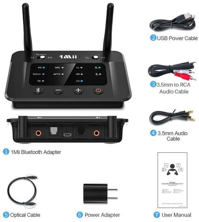 Alt view image 11 of 11 - B03 Bluetooth 5.3 Transmitter Receiver for TV Home Stereo BT Headphones, aptX Low Latency/Adaptive/HD Bluetooth Audio Adapter, Splitter for Wired & Wireless, Optical RCA AUX 3.5mm Inputs/Outputs