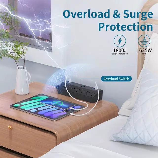 Alt view image 11 of 14 - Desk Clamp Power Strip with 40W Fast Charging Station, 10FT Flat Plug Desk Mount Power Strip Surge Protector, Removable Extension Cord with 2 USB-C Ports 6 Outlets, Fits 1.8" Tabletop Edge