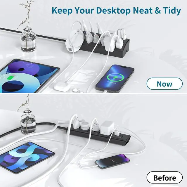 Alt view image 12 of 14 - Desk Clamp Power Strip with 40W Fast Charging Station, 10FT Flat Plug Desk Mount Power Strip Surge Protector, Removable Extension Cord with 2 USB-C Ports 6 Outlets, Fits 1.8" Tabletop Edge