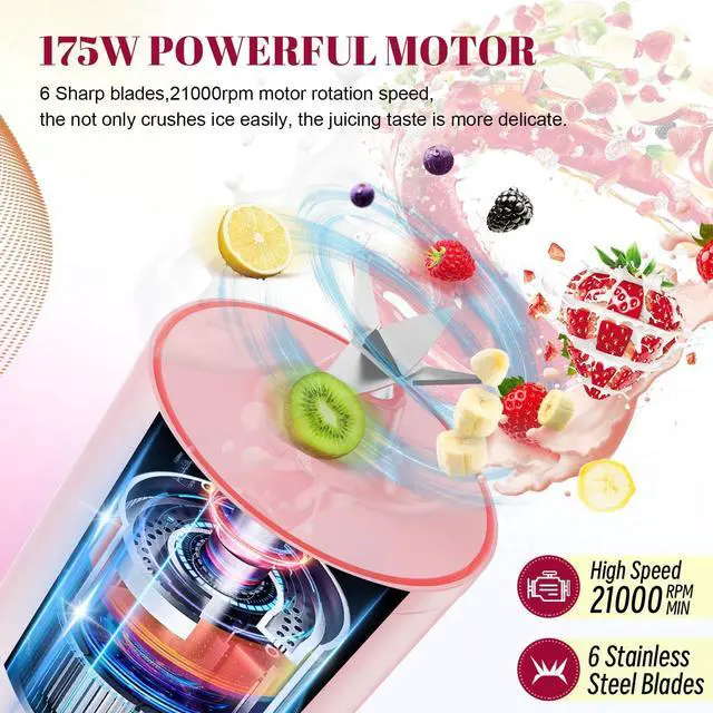 Alt view image 9 of 12 - Portable Personal Blender 17 OZ/500 ML Juicer, 175W Personal Size Blender, Ideal for Smoothies, Ice Blending, Juicing, and Food Processing, Compact, Convenient, and Versatile (Pink)