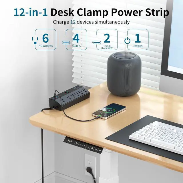 Alt view image 10 of 14 - Desk Clamp Power Strip with 40W Fast Charging Station, 10FT Flat Plug Desk Mount Power Strip Surge Protector, Removable Extension Cord with 2 USB-C Ports 6 Outlets, Fits 1.8" Tabletop Edge