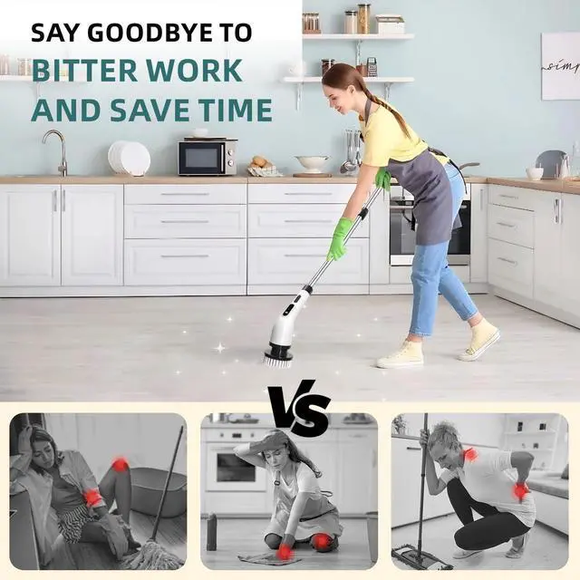 Alt view image 13 of 14 - Electric Spin Scrubber for Cleaning, 9 in 1 Changeable Bathroom Scrubber with Power Display, Long Cordless Cleaning Brush, Cordless Shower Cleaner Brush for Bathtub Kitchen Wall Cleaning