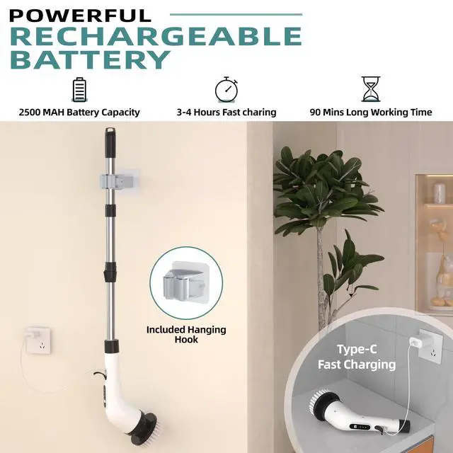 Alt view image 12 of 14 - Electric Spin Scrubber for Cleaning, 9 in 1 Changeable Bathroom Scrubber with Power Display, Long Cordless Cleaning Brush, Cordless Shower Cleaner Brush for Bathtub Kitchen Wall Cleaning