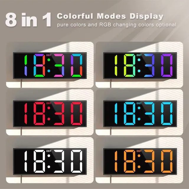 Alt view image 10 of 14 - 12'' Large Digital Wall Clock, Big LED Number Dispaly, RGB Colors, DST, Night Light for Classroom Living Room Bedroom Mounted Birthday Xmas Gift for Senior, Mem Womem (White Font, 12 inches)